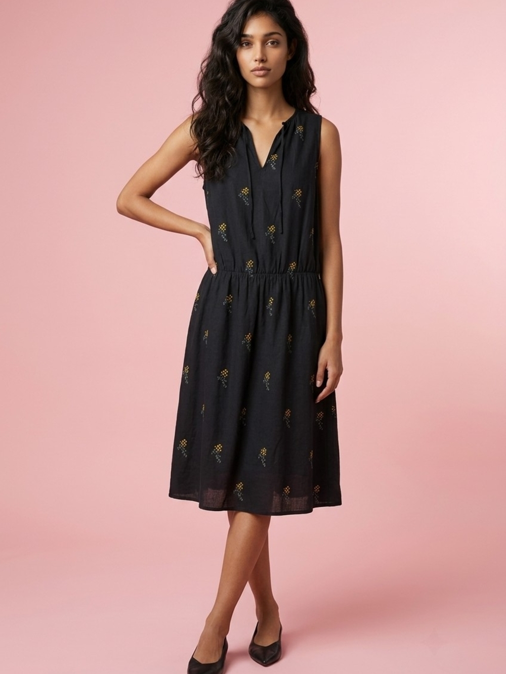 Custommade Isodora Midi Dress Black Floral Print Sleeveless Drop Waist Size 38